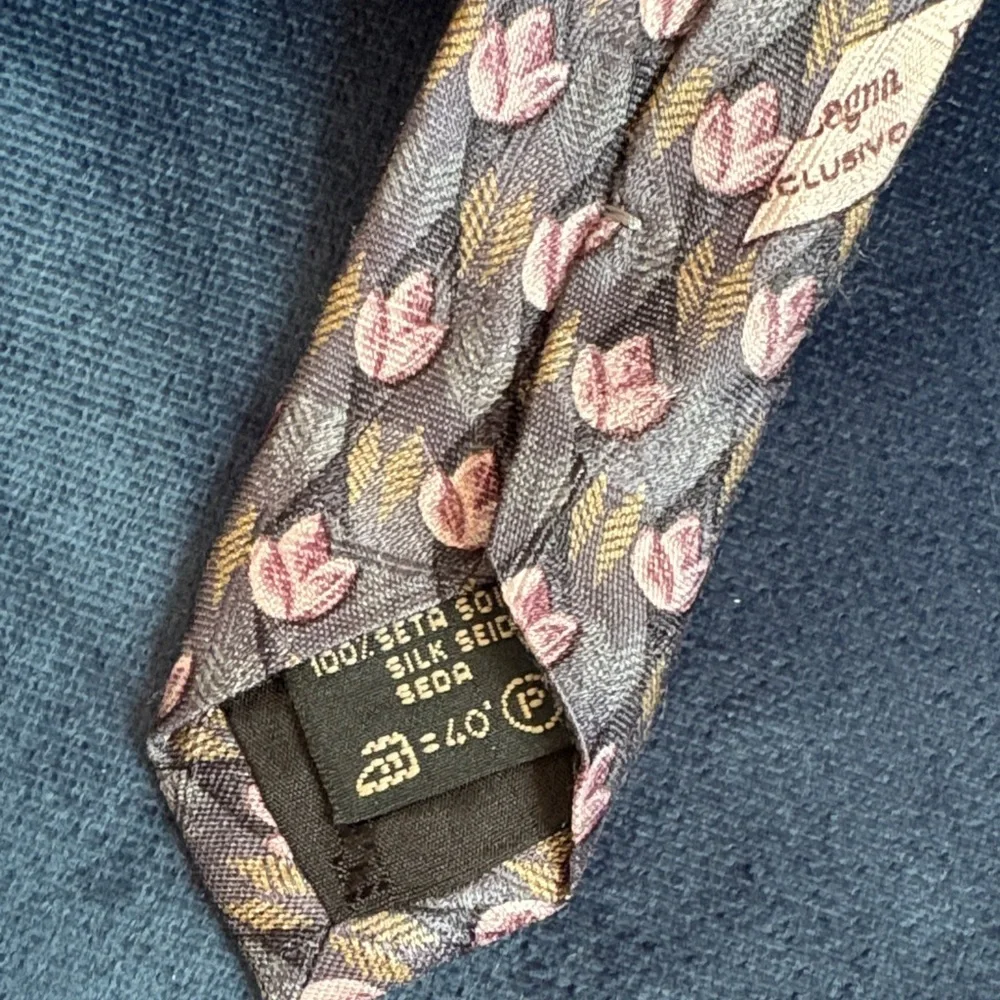Ermenegildo Zegna Pink and Yellow Floral Silk Tie Blue Grey Base